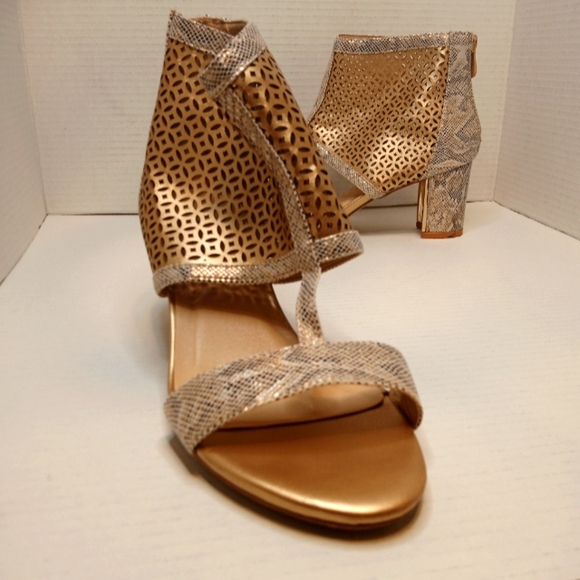 Ashro Open Toe Block Heel Booties Gold & Snake Print Sz 8.5 - Picture 1 of 13